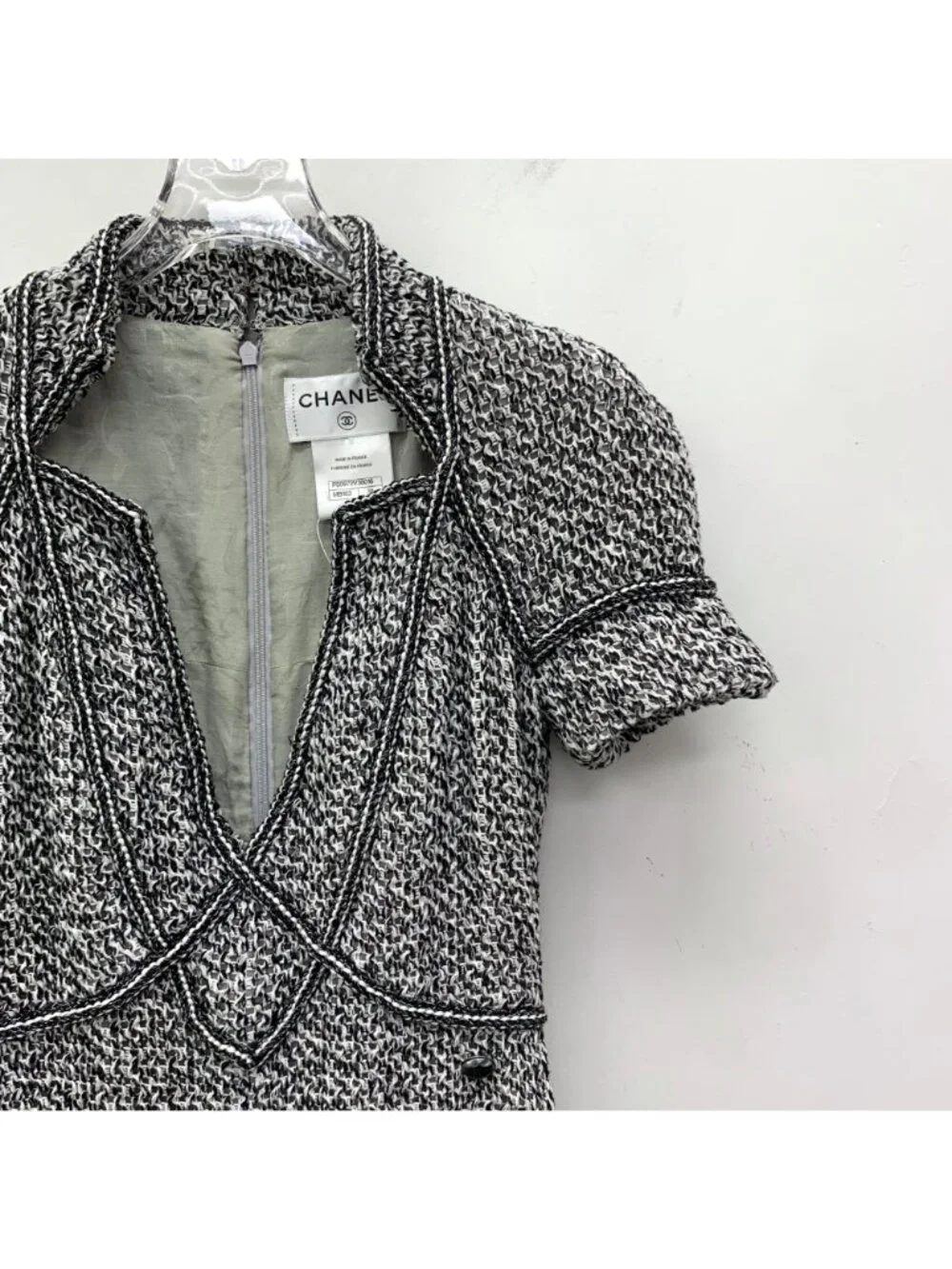 Chanel Black & White Cotton Tweed V-Neck Short-Sleeve Dress